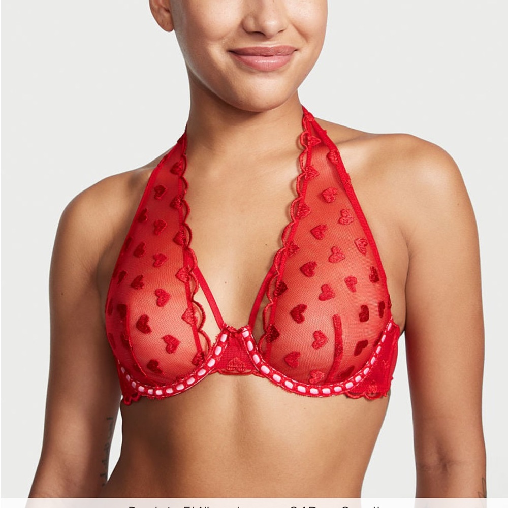 Unlined heart embroidery halter bra                                 Red